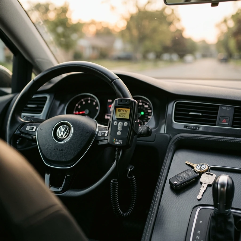 Close-up of a vehicle dashboard with an interlock device mounted near the steering column, small digital screen showing a ready status, early morning light coming through the windshield, car keys resting nearby on the center console