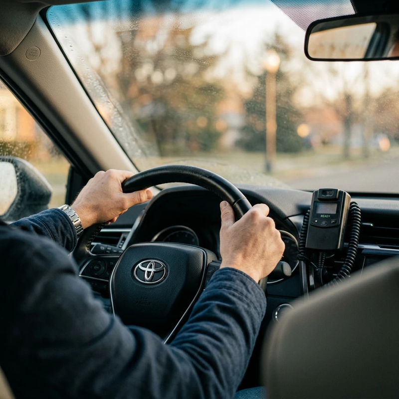 Close-up of a driver’s hands gripping a steering wheel in early morning light, an ignition interlock device visible on the dashboard, slight condensation on the windshield suggesting a cold start