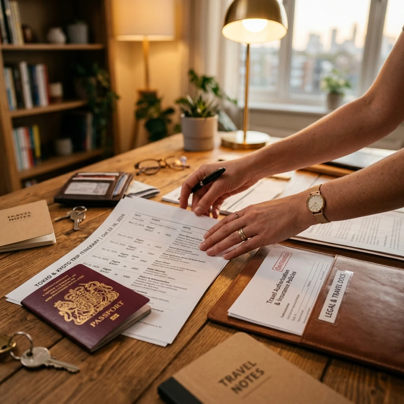 Close-up of organized travel documents spread on a desk, including a printed itinerary, a passport, and a folder with legal paperwork, warm desk lamp lighting, hands visible arranging papers