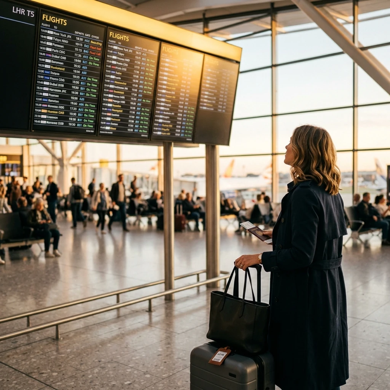 Over-the-shoulder view of a traveler at an airport departure board reviewing flight destinations, carry-on bag beside them, warm terminal lighting with other travelers blurred in the background