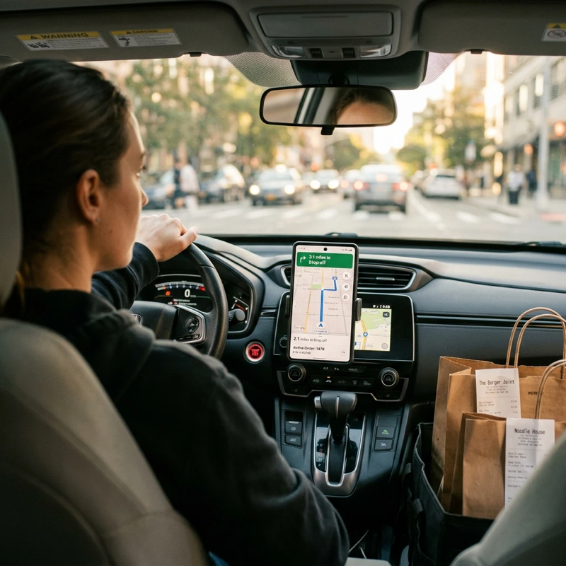 Over-the-shoulder view of a delivery driver sitting in a car with a phone mounted on the dashboard showing a delivery app map, natural daylight coming through the windshield, takeout bags visible on the passenger seat