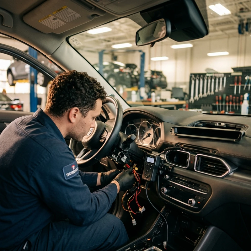 Over-the-shoulder view of a technician working under a vehicle dashboard, wiring harness visible, interlock device partially mounted near the steering column, service center tools and fluorescent lighting in the background