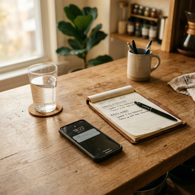 Overhead view of a kitchen counter with a notepad and pen, a glass of water, and a smartphone showing the time, suggesting someone methodically documenting details shortly after an event