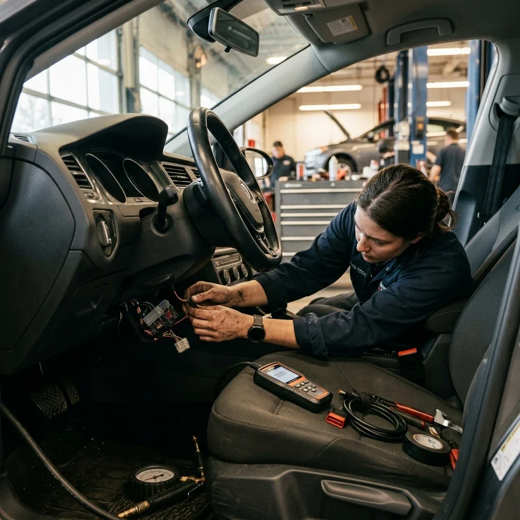 Candid view inside an auto service bay, a technician's hands visible working beneath a vehicle dashboard with a small electronic device and wiring harness laid out on the driver's seat, fluorescent shop lighting overhead