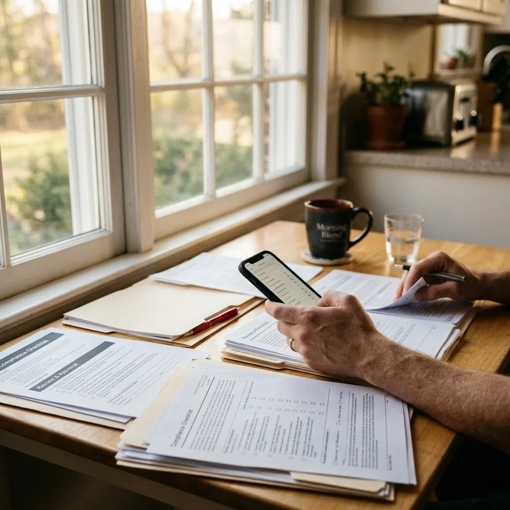 Close-up candid shot of someone's hand holding a phone next to a stack of paperwork and official-looking documents on a kitchen table, morning light coming through a window, coffee mug visible in the background, conveying the feeling of sorting through compliance steps at home