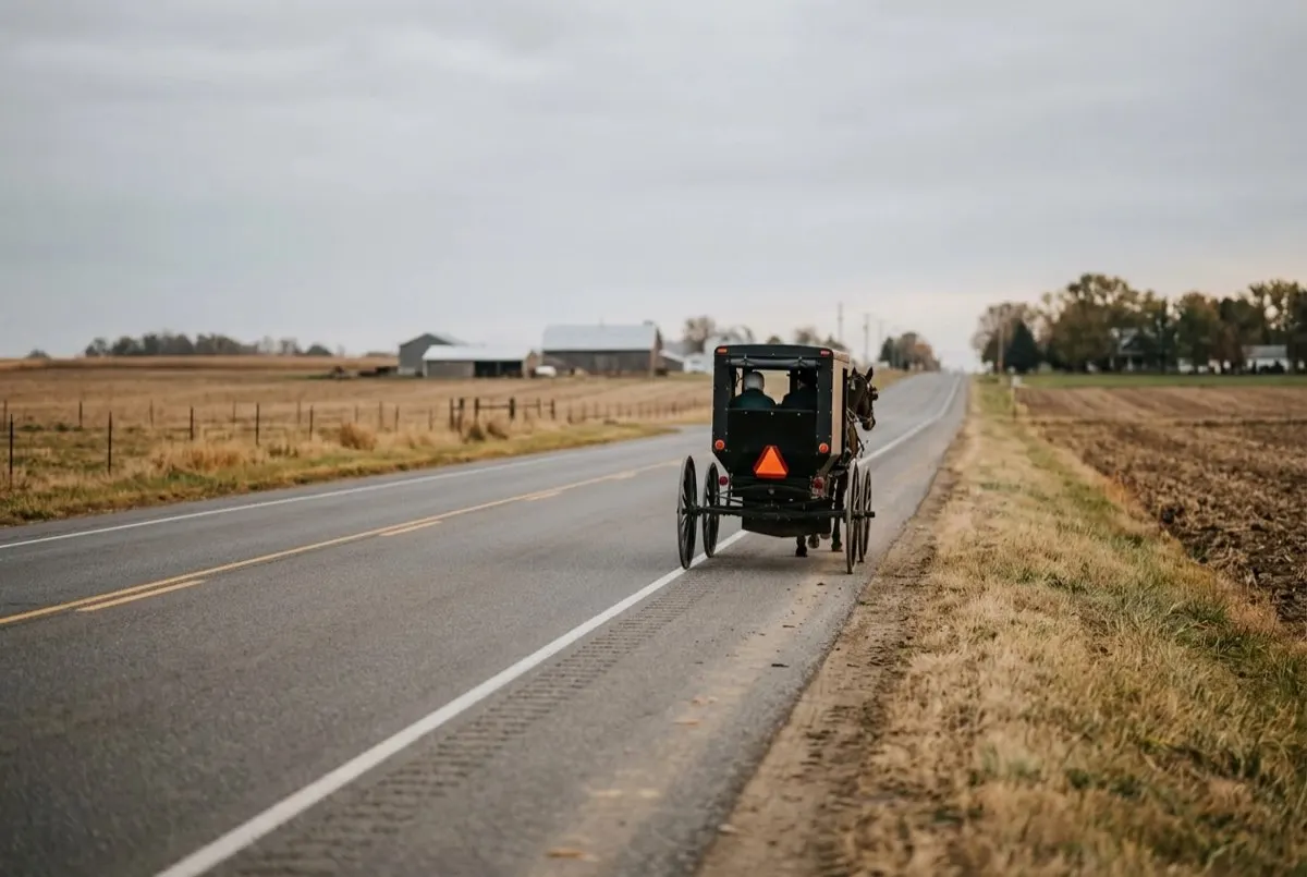 Horse-drawn buggy traveling on the shoulder of a rural highway.