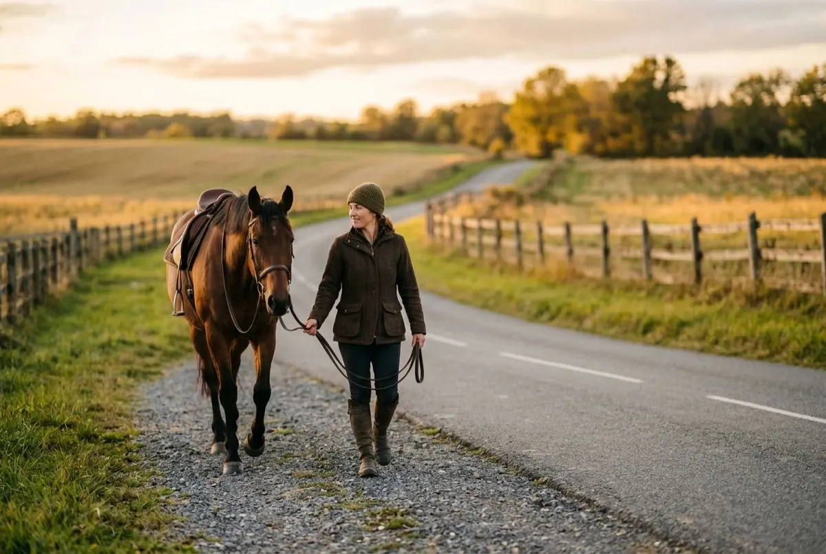 Rider leading a saddled horse along the shoulder of a quiet rural road at dusk.
