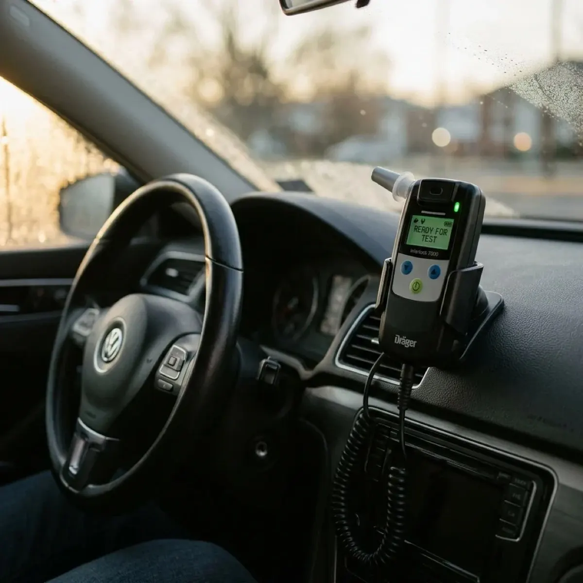 Interlock handset mounted on a dashboard and ready for a breath test.