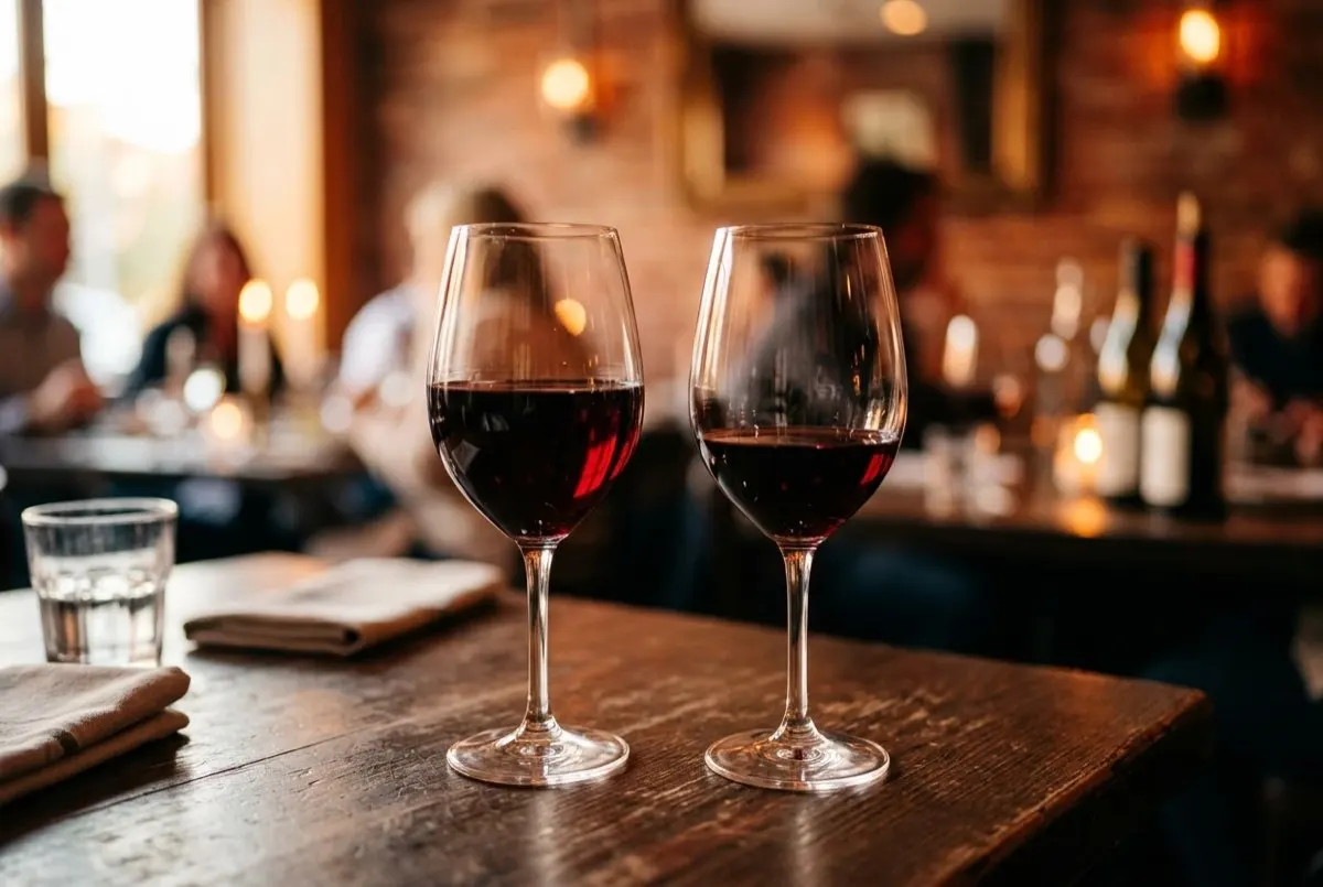 Generous restaurant wine pour next to a smaller five-ounce pour