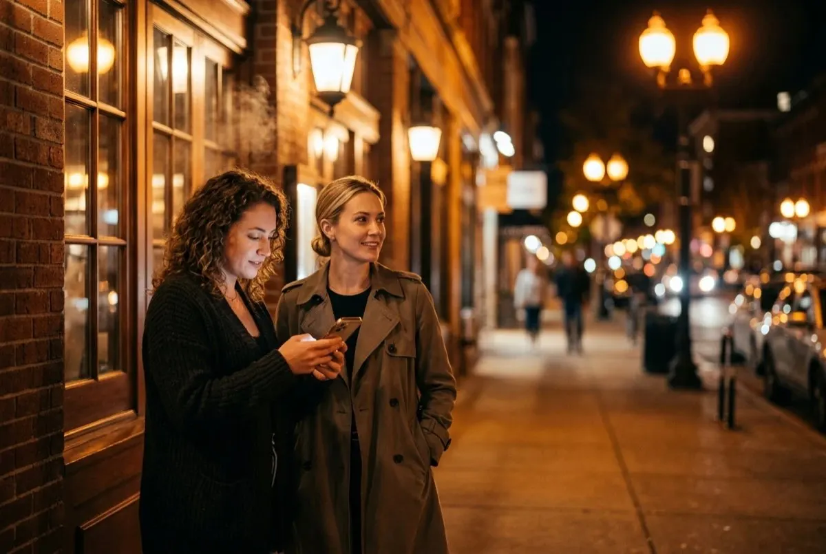 Friend booking a ride home on a phone outside a restaurant at night.