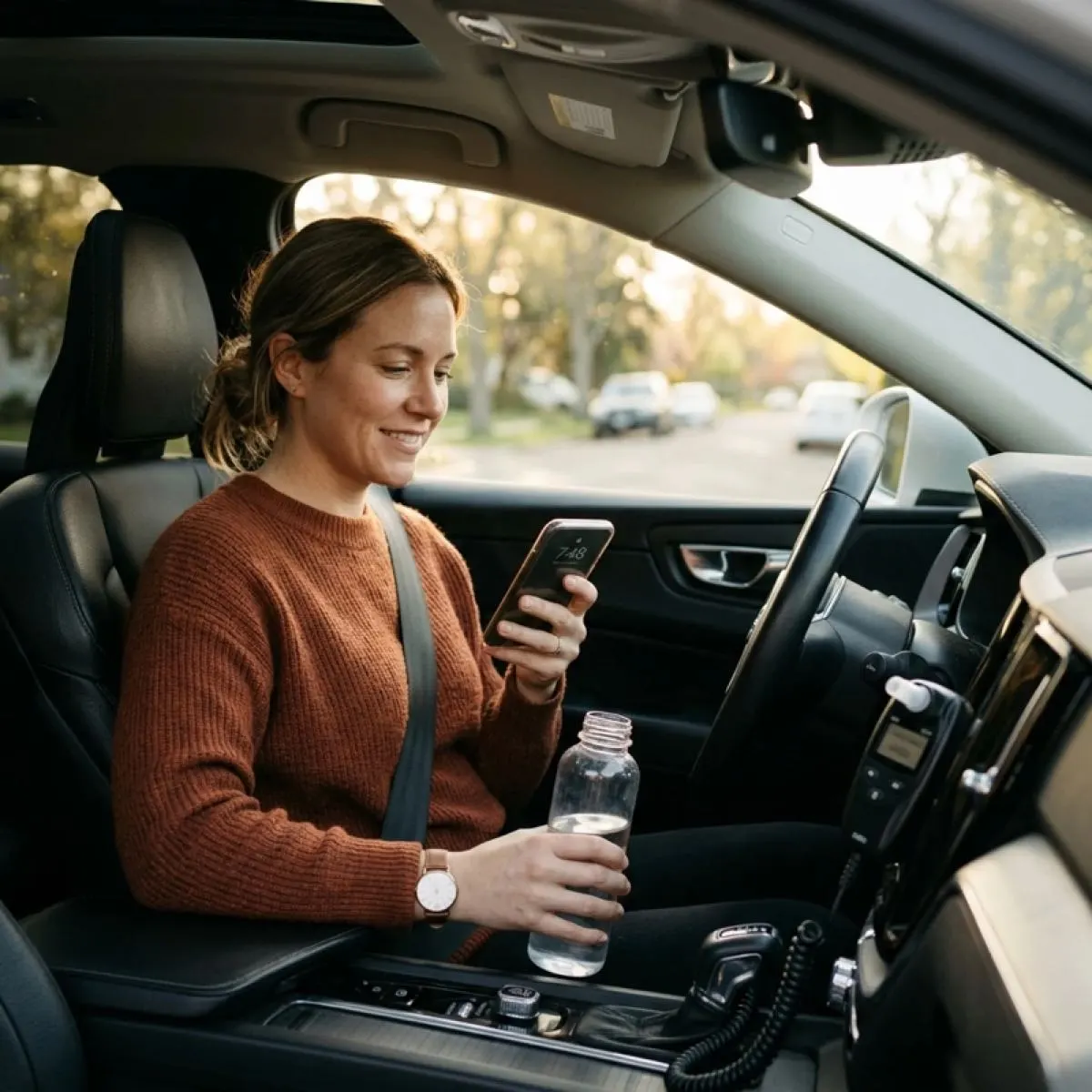 Driver sitting in a parked car with a water bottle and an interlock handset on the dashboard.