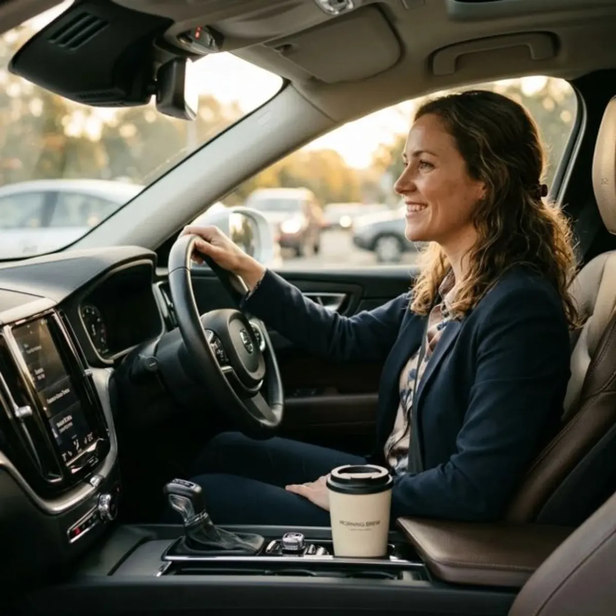 A woman driving on a clear morning with a coffee cup in the holder beside her