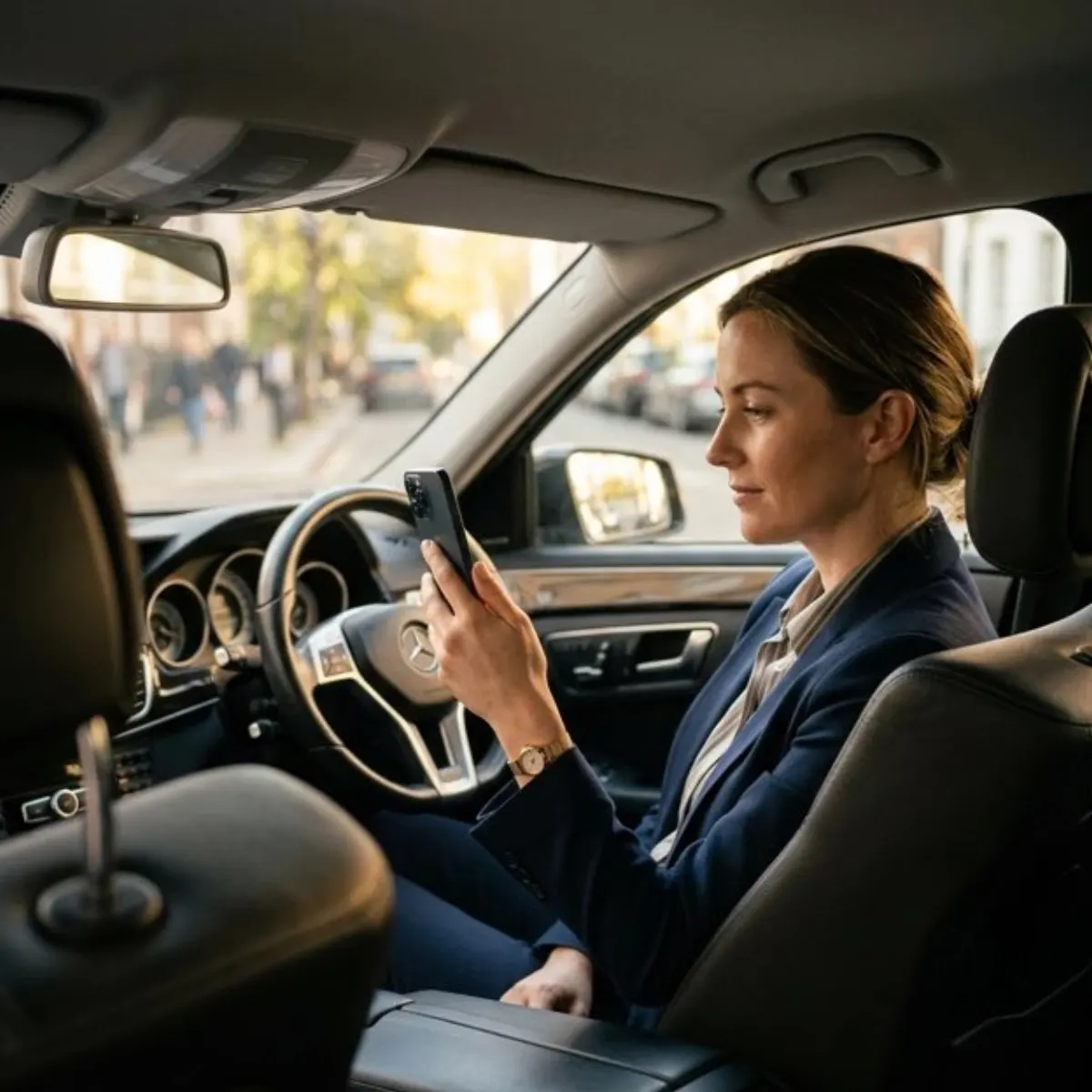 A woman sitting in the driver's seat of a parked car, holding her phone to make a call