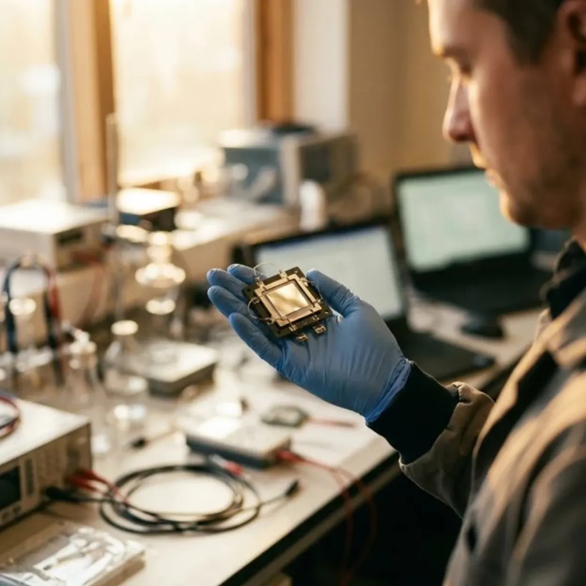 A technician in a blue glove holding a small fuel-cell sensor, the part of a breath tester that reacts to alcohol
