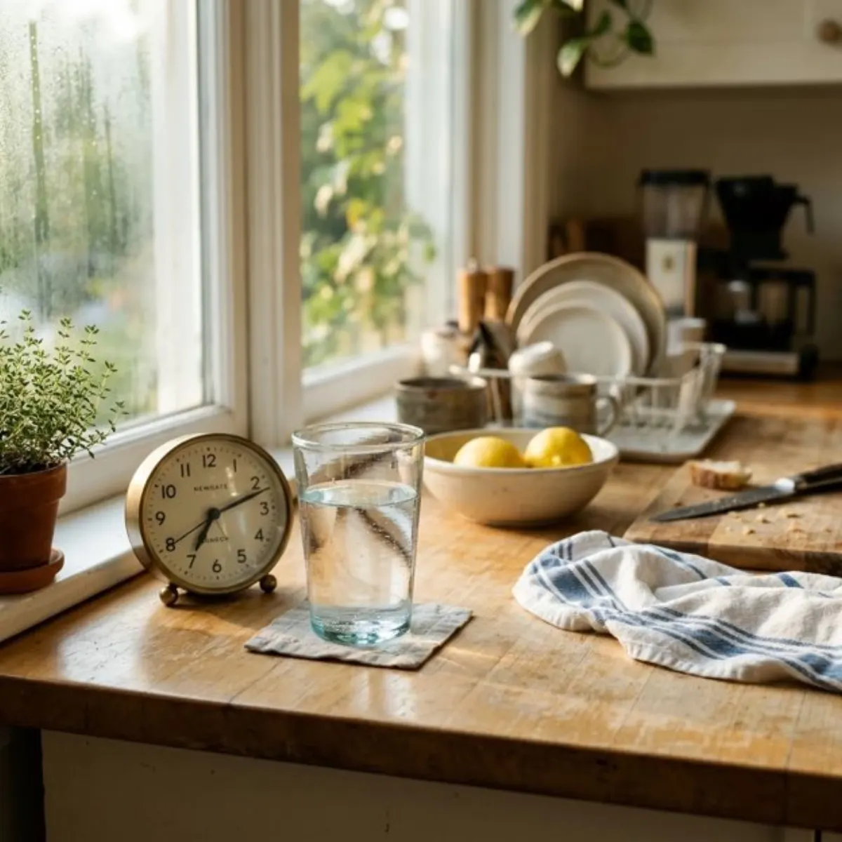 A glass of water and an alarm clock on a sunny kitchen counter, a reminder that only time lowers blood alcohol