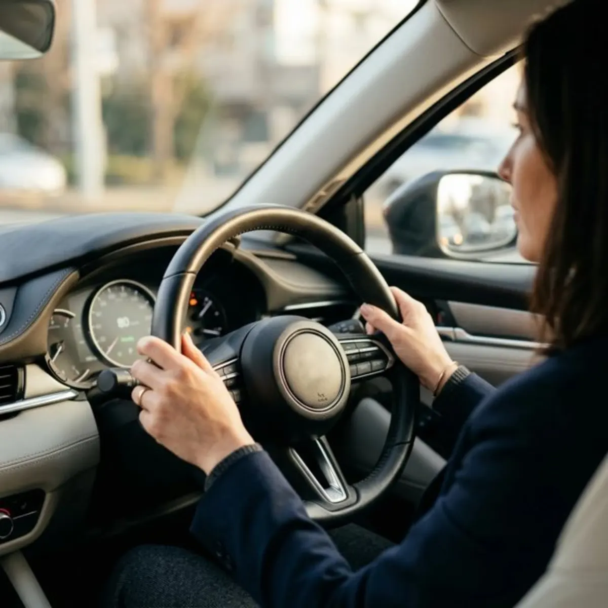 Close-up of a driver's hands on the steering wheel during a drive