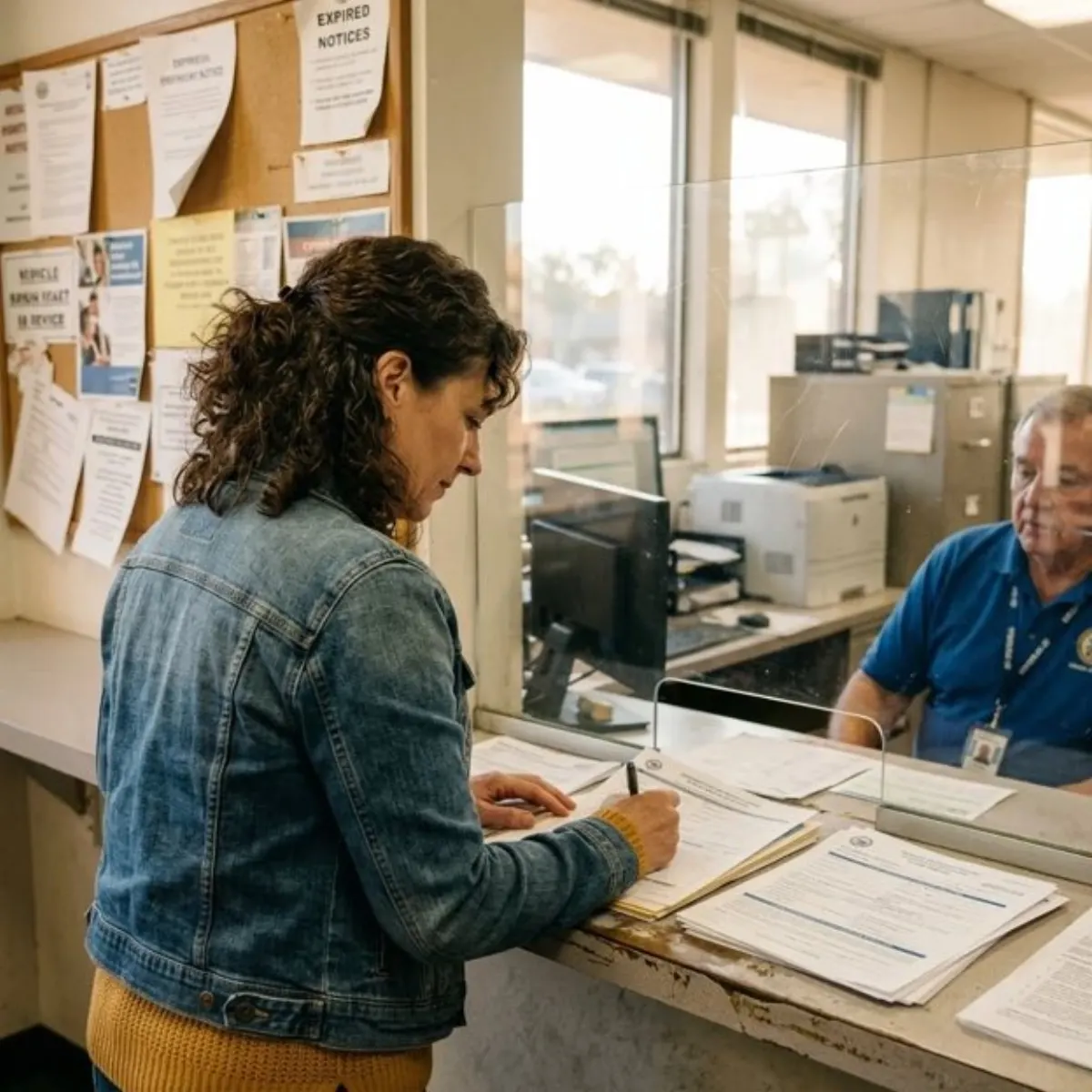 Person at a licensing office counter filling in paperwork while a staff member works behind the glass