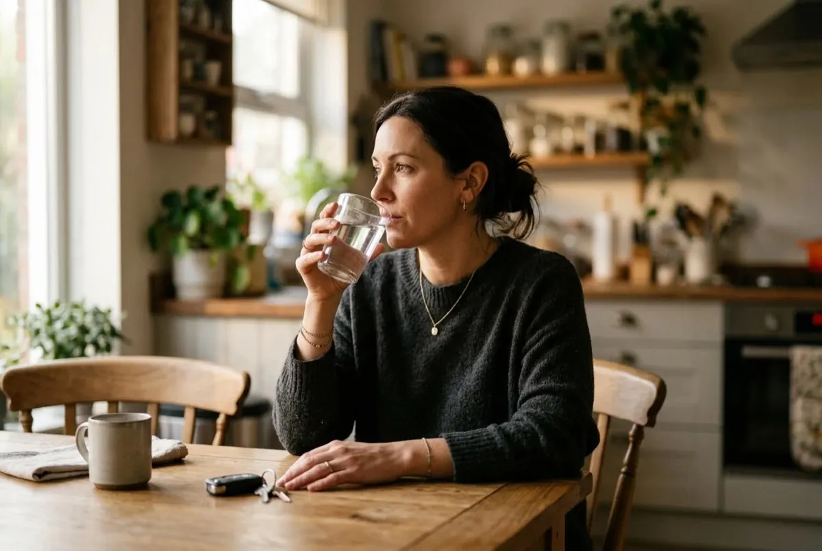 Woman drinking a glass of water at her kitchen table in the morning, car keys beside her.