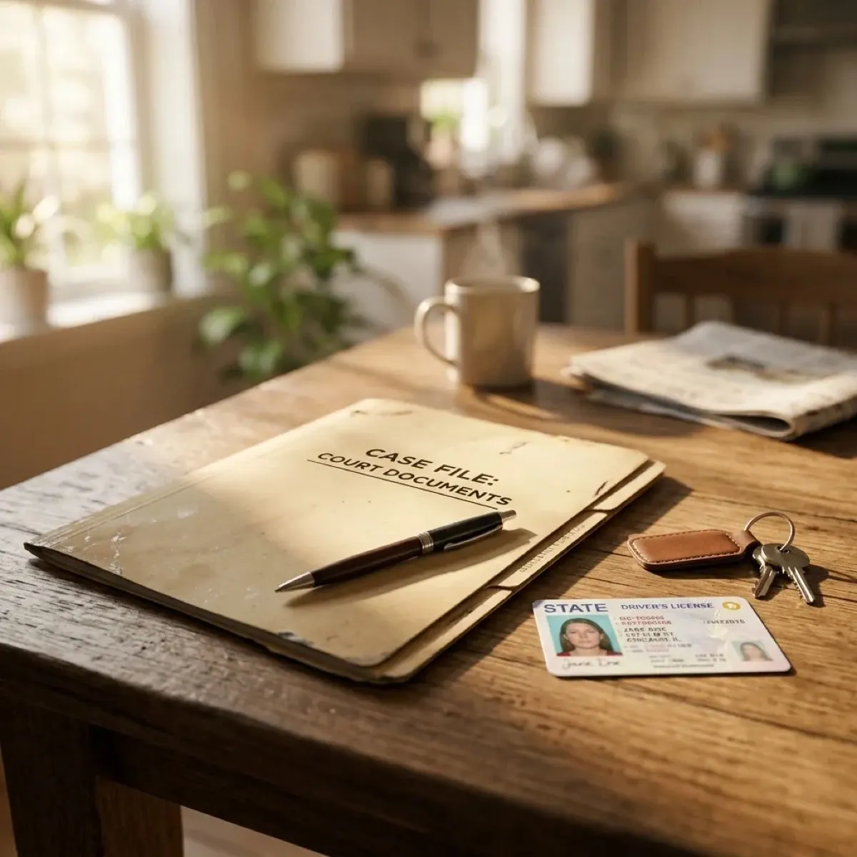 Court case folder, pen and driver's license laid out on a table, ready to bring to an installation appointment.