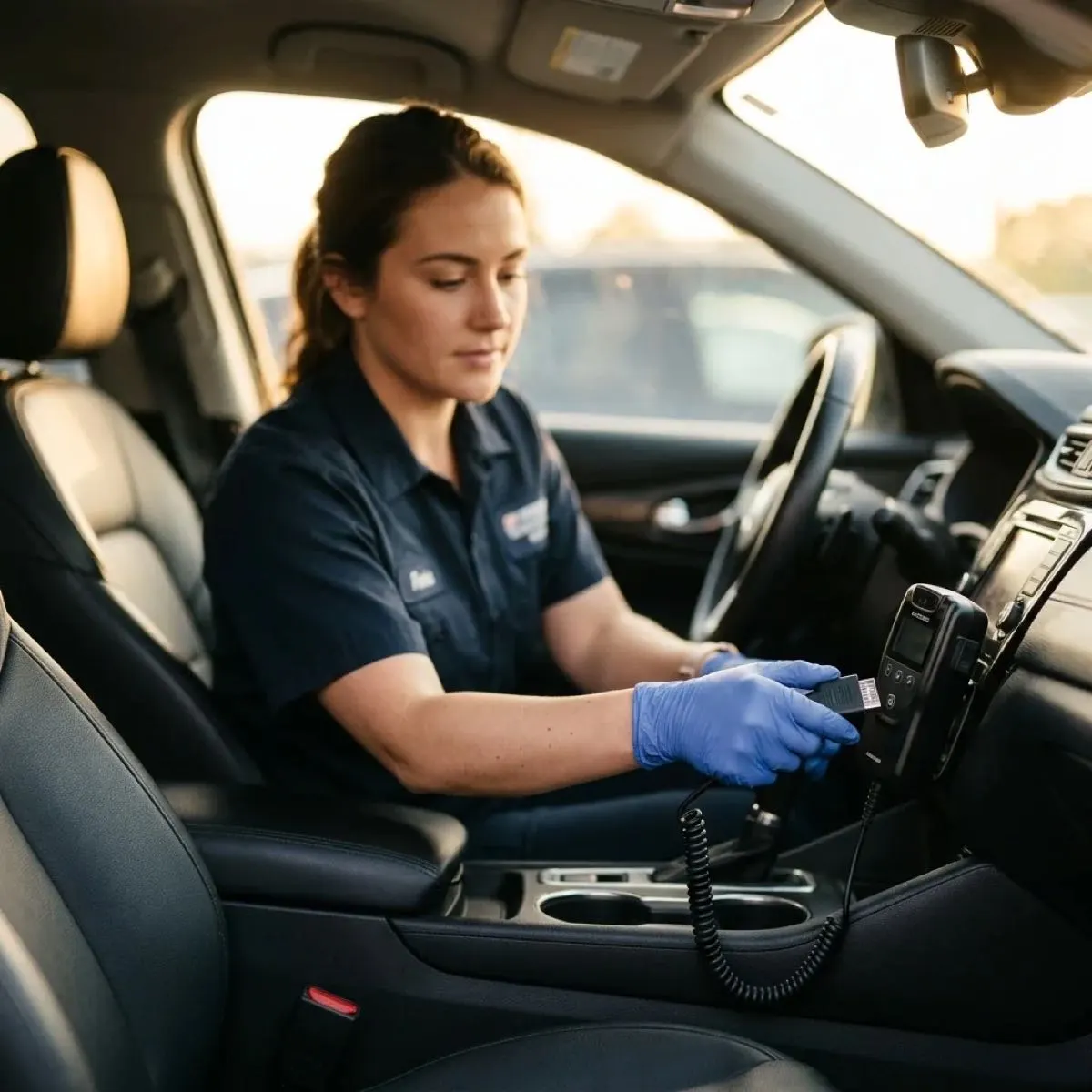 Technician in gloves checking a newly installed interlock device inside a customer's car.