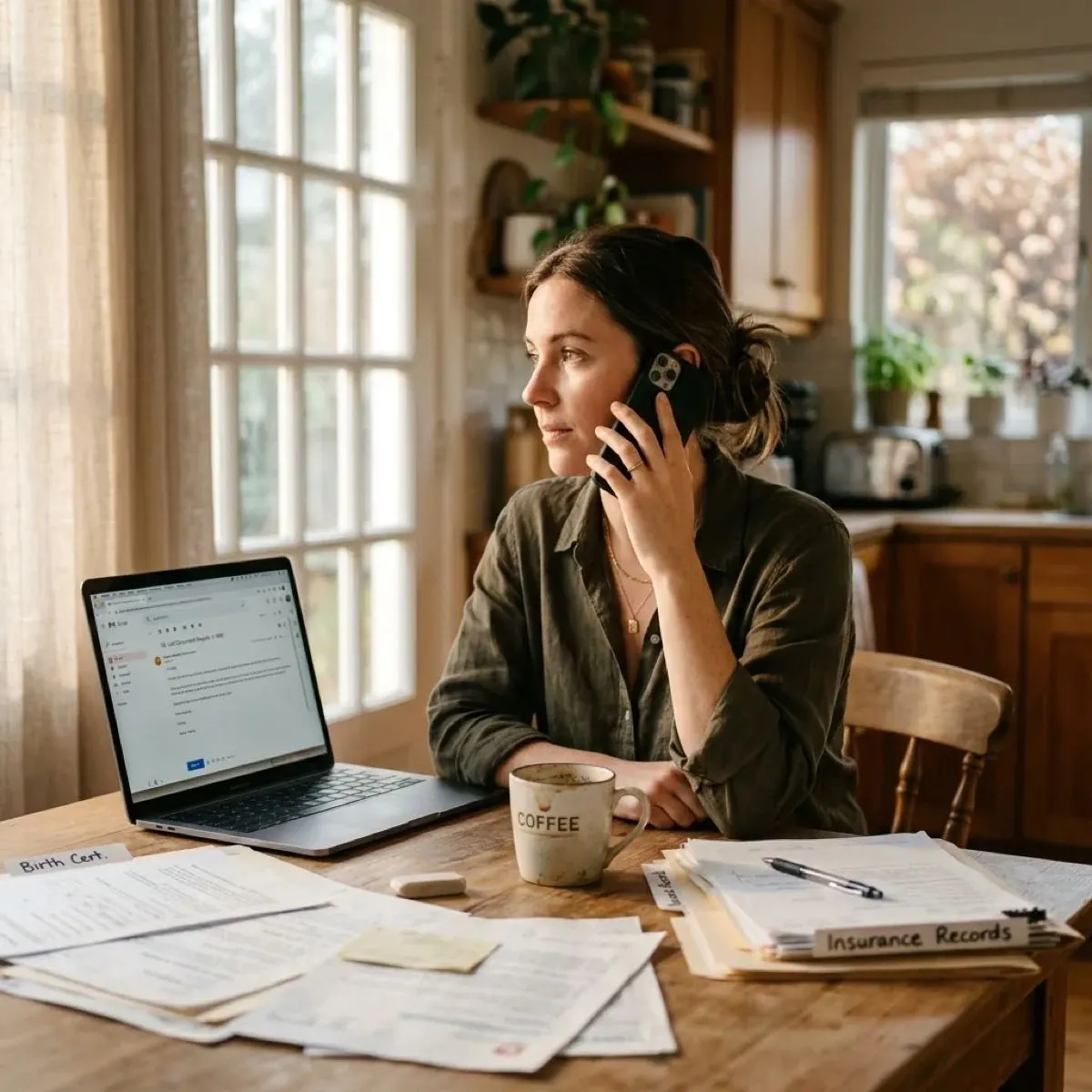 A driver calls interlock support from home with her paperwork on the table.