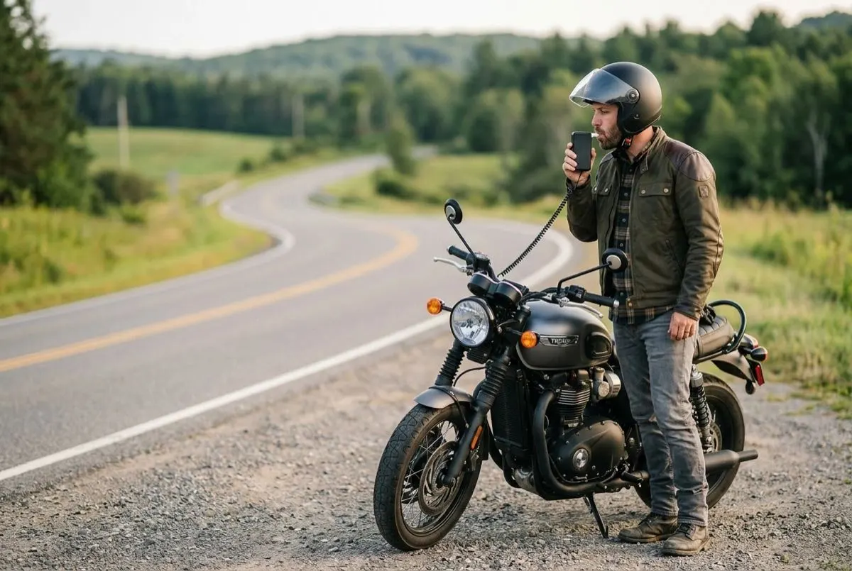 A rider stopped on the shoulder with the kickstand down takes a breath test on a motorcycle interlock.