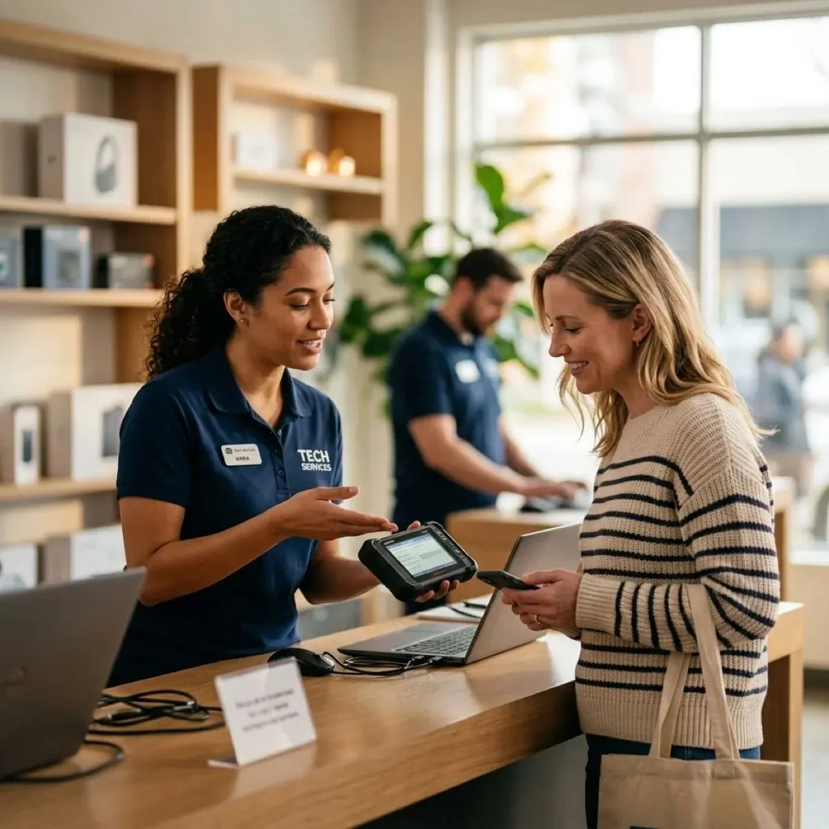 A service center technician reviews interlock details with a customer at the front counter before an appointment.