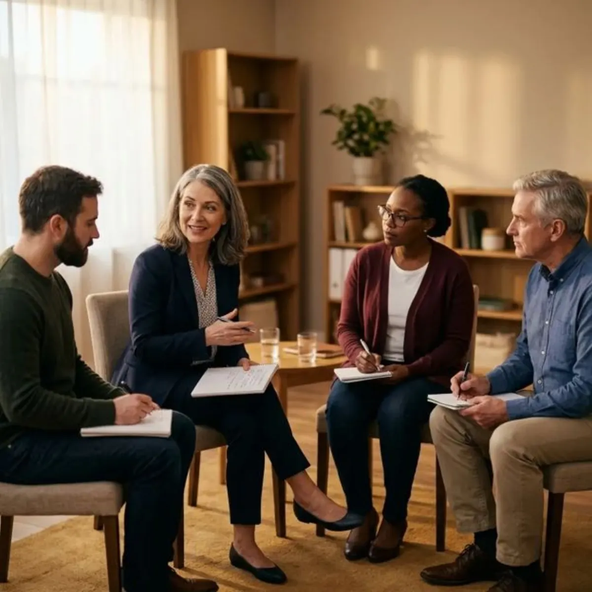 Adults in a SATOP group education session sit in a circle with notepads