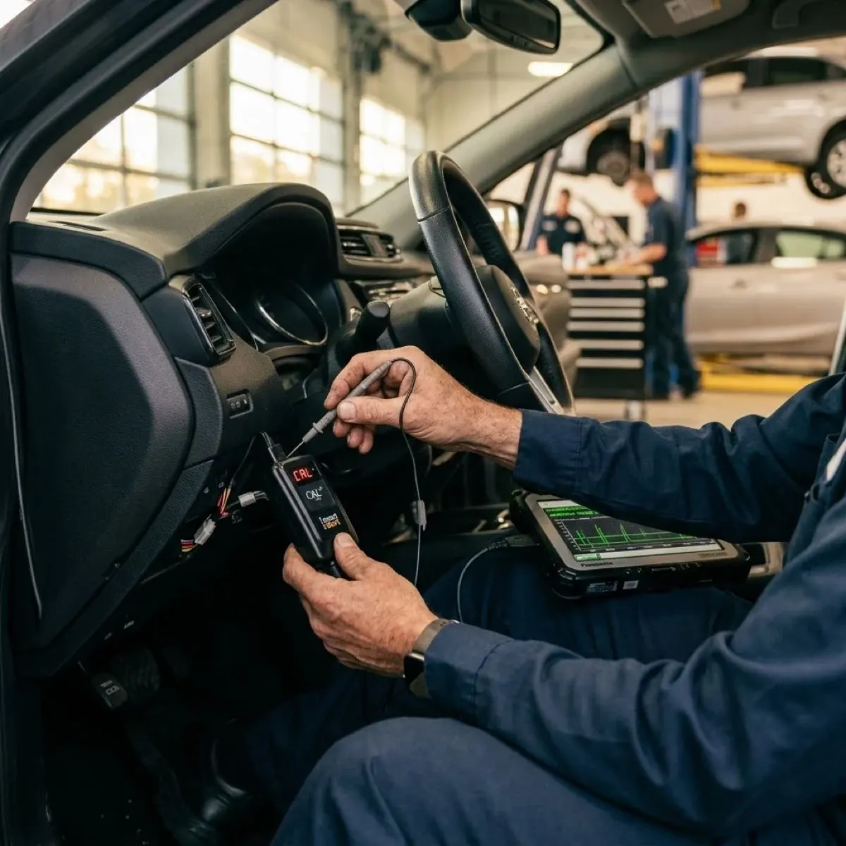 A technician checks an ignition interlock device during an interlock calibration visit at a service center.