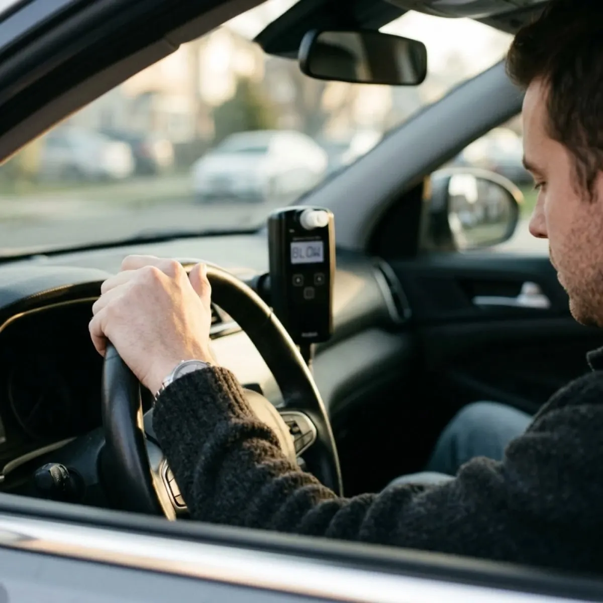Driver with a hand on the wheel and an interlock device on the dashboard, ready for a morning breath test.